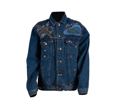 Denim Jacket with Studs and Prints Blue
