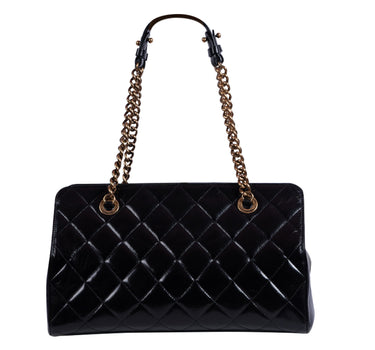 Black Lambskin Leather Quilted Shoulder Handbag