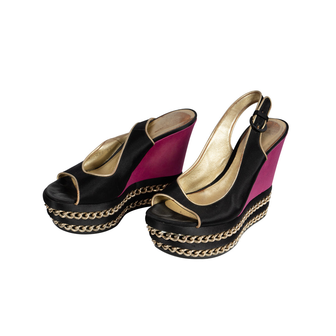 Casadei Vintage Peep Toe Heels Gold Chains