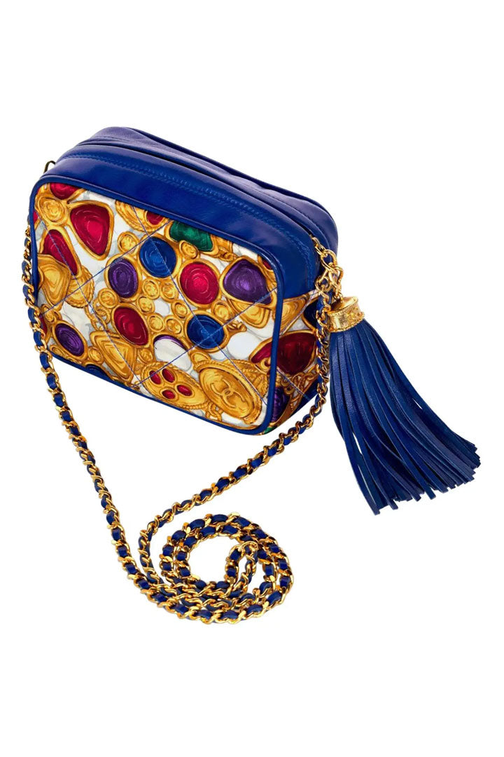 Silk Gripoix Jewel Print Blue Leather Tassel Chain Bag