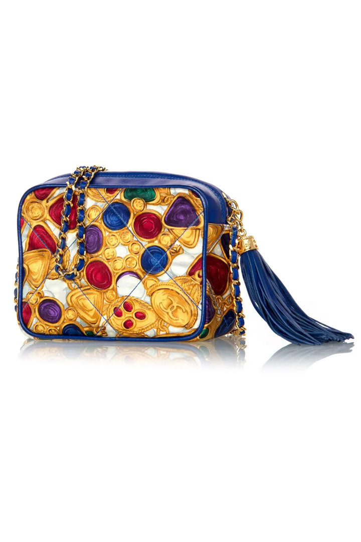 Silk Gripoix Jewel Print Blue Leather Tassel Chain Bag