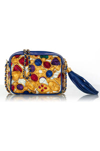 Silk Gripoix Jewel Print Blue Leather Tassel Chain Bag