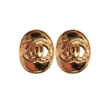 Vintage Chanel Coco Mark Oval Earrings Gold Plated