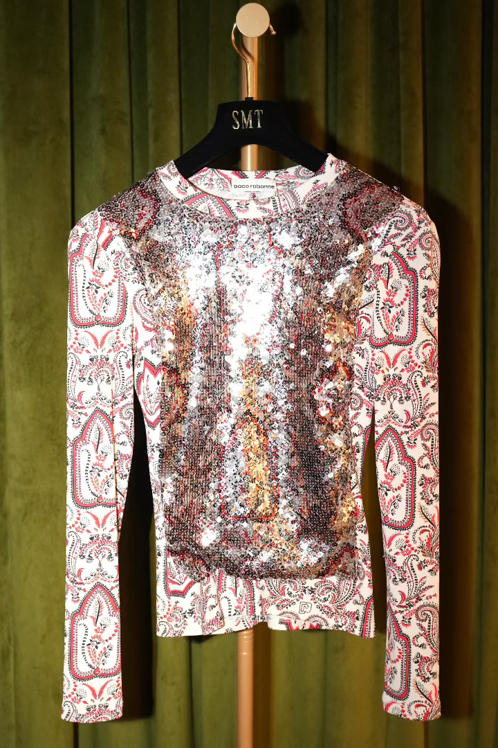 Vintage Printed Top with Sequin Silvery Metallic