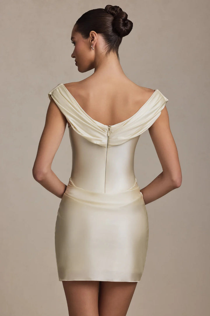 Maeve  Off-Shoulder Draped Mini Dress in Ivory
