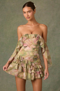 Birdie  Off-Shoulder Ruffled Mini Dress in Floral Multi Print