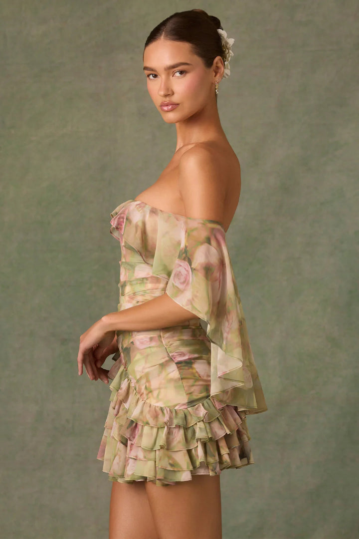 Birdie  Off-Shoulder Ruffled Mini Dress in Floral Multi Print