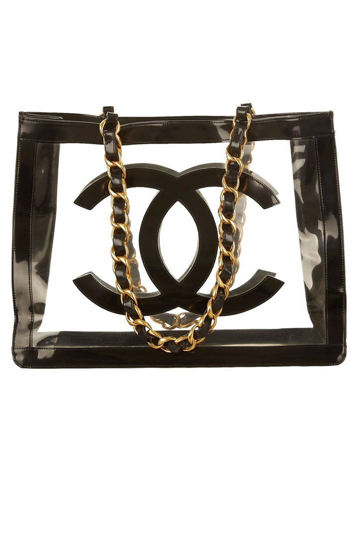 Chanel Chain Tote Bag Vinyl Enamel Black Clear