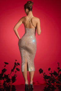 Munira Embellished Plunge Midaxi Dress in Almond