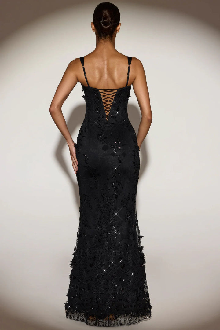 Vasanta Embellished Fishtail Corset Gown in Black