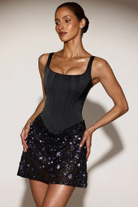 Eira Embellished Draped Skirt Corset Mini Dress in Black Purple Floral
