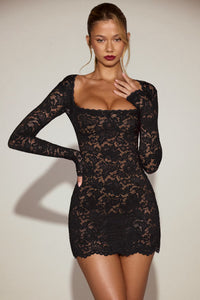 Darla Sheer Scalloped-Lace Long-Sleeve Mini Dress in Black