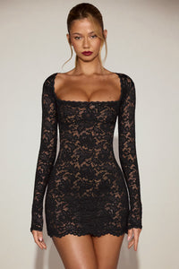Darla Sheer Scalloped-Lace Long-Sleeve Mini Dress in Black