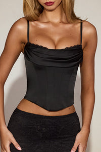 Eirwen Satin Cowl-Neck Lace-Up Corset Top in Black