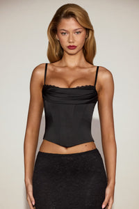 Eirwen Satin Cowl-Neck Lace-Up Corset Top in Black