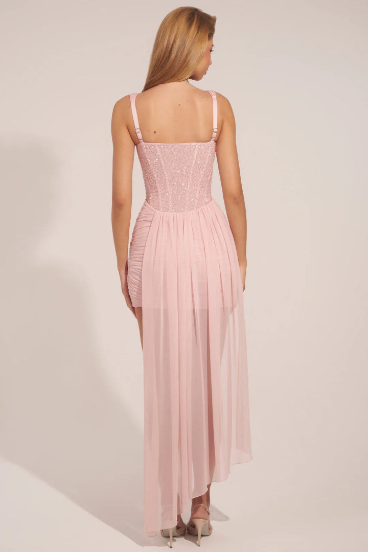 Reeva Corseted Draped Mini Dress in Blush Pink