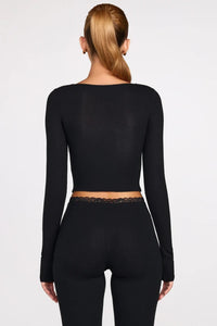 Margaux Ribbed Modal Long-Sleeve Laced Bra Top in Black