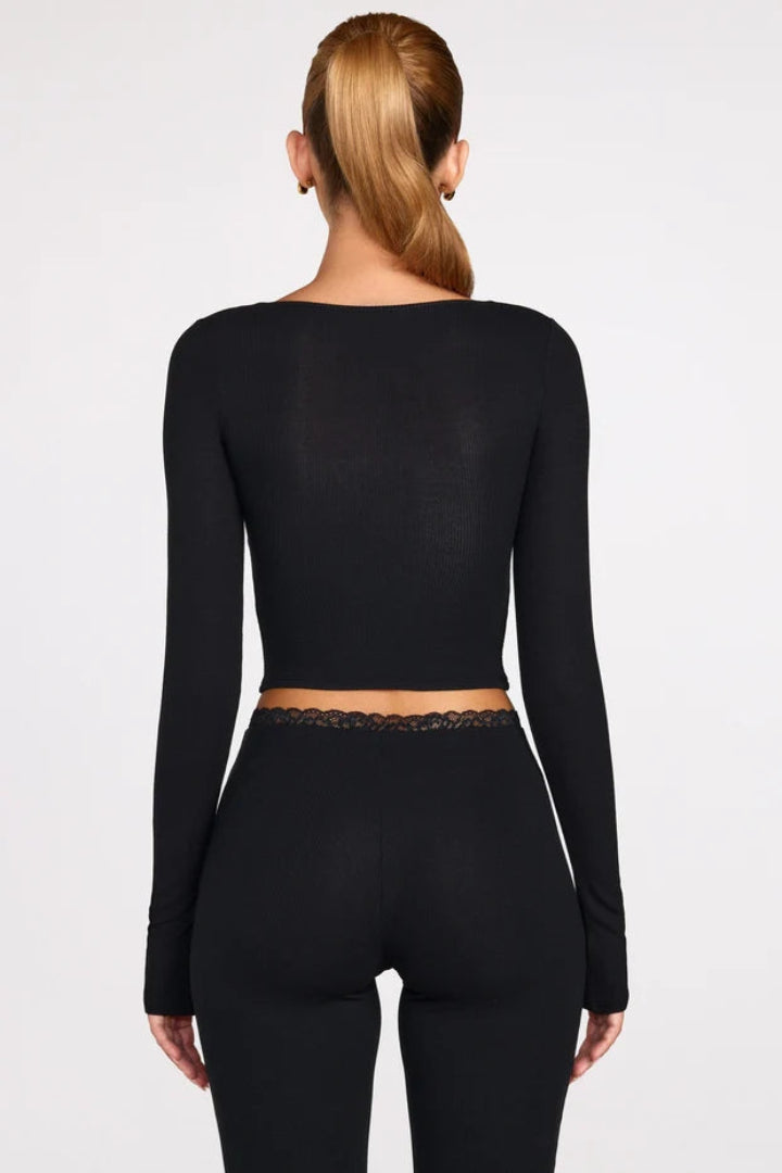 Margaux Ribbed Modal Long-Sleeve Laced Bra Top in Black
