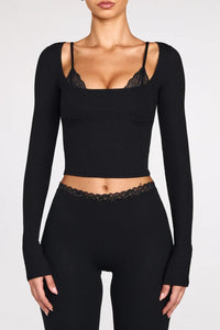 Margaux Ribbed Modal Long-Sleeve Laced Bra Top in Black