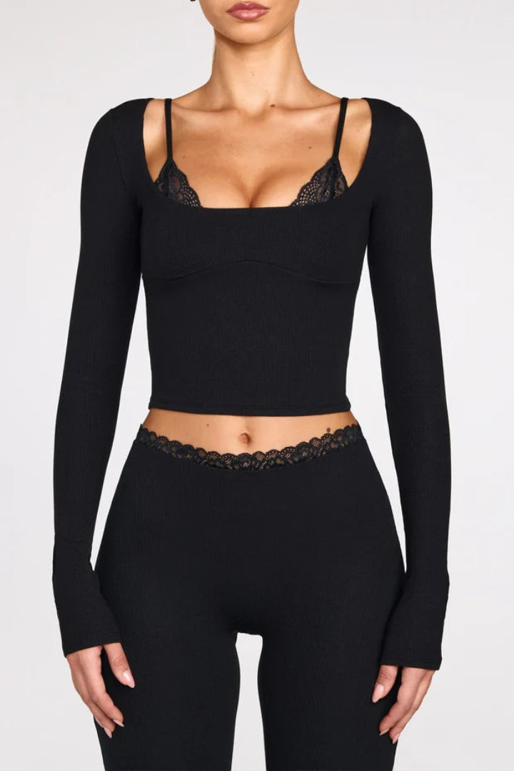 Margaux Ribbed Modal Long-Sleeve Laced Bra Top in Black