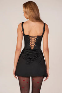 Lia Lace-Up Draped Mini Dress in Black