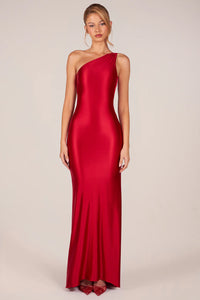Adelina Asymmetric Tie-Back Gown in Rose Red