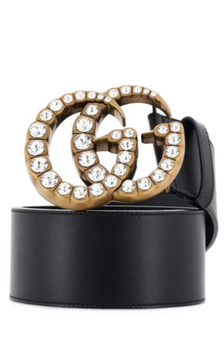 Gucci Black Leather GG Crystals Wide Belt