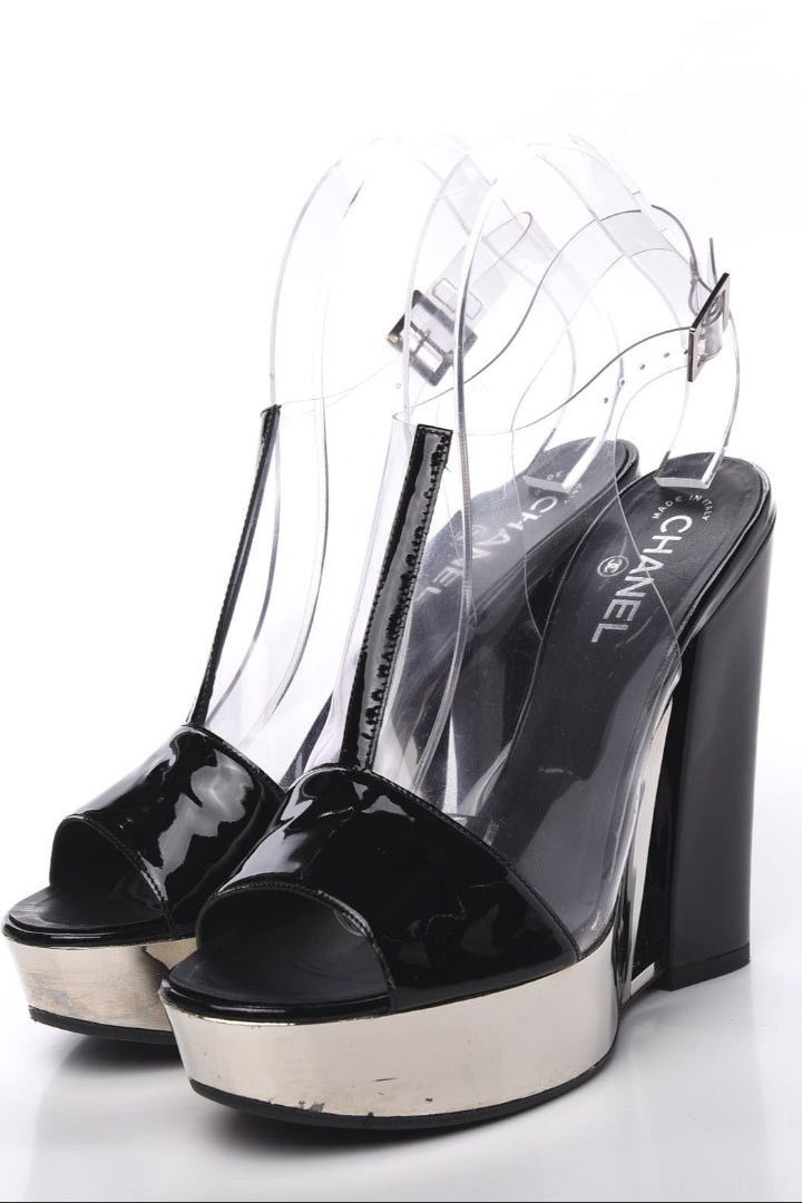 Patent PVC Peep Toe Wedge Sandals Transparent Black