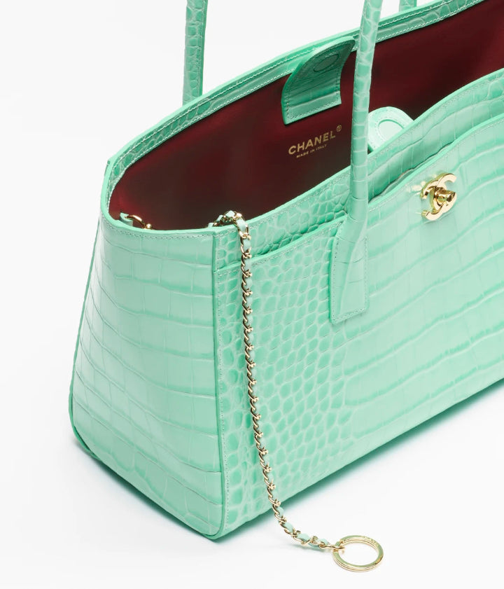 Small Tote Crocodile Embossed Calfskin & Gold-Tone Metal  Green