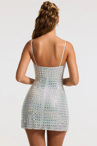 Svana Embellished V-neck A-Line Mini Dress in Silver