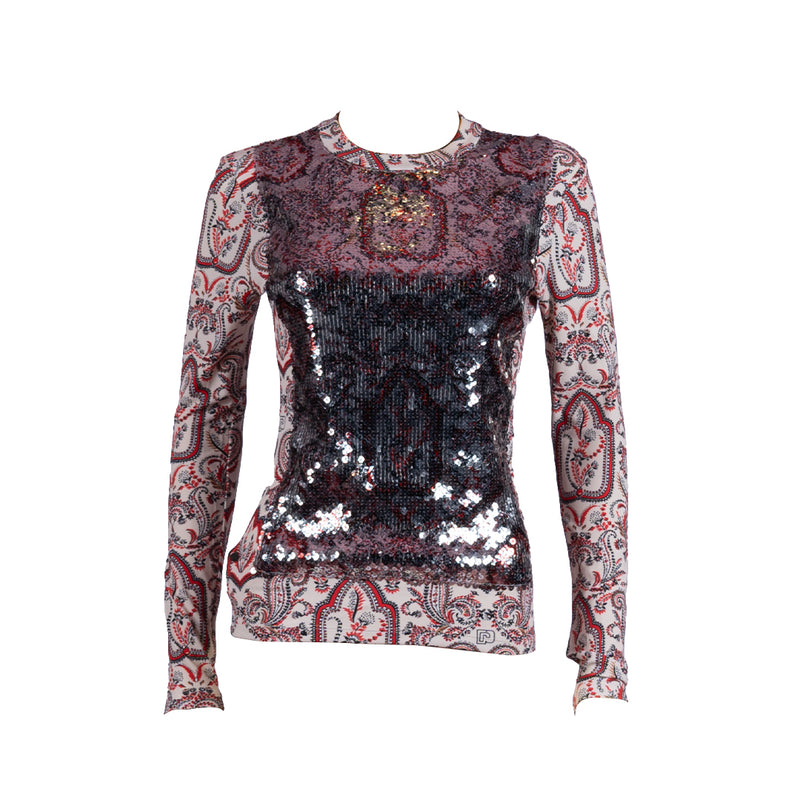 Vintage Printed Top with Sequin Silvery Metallic