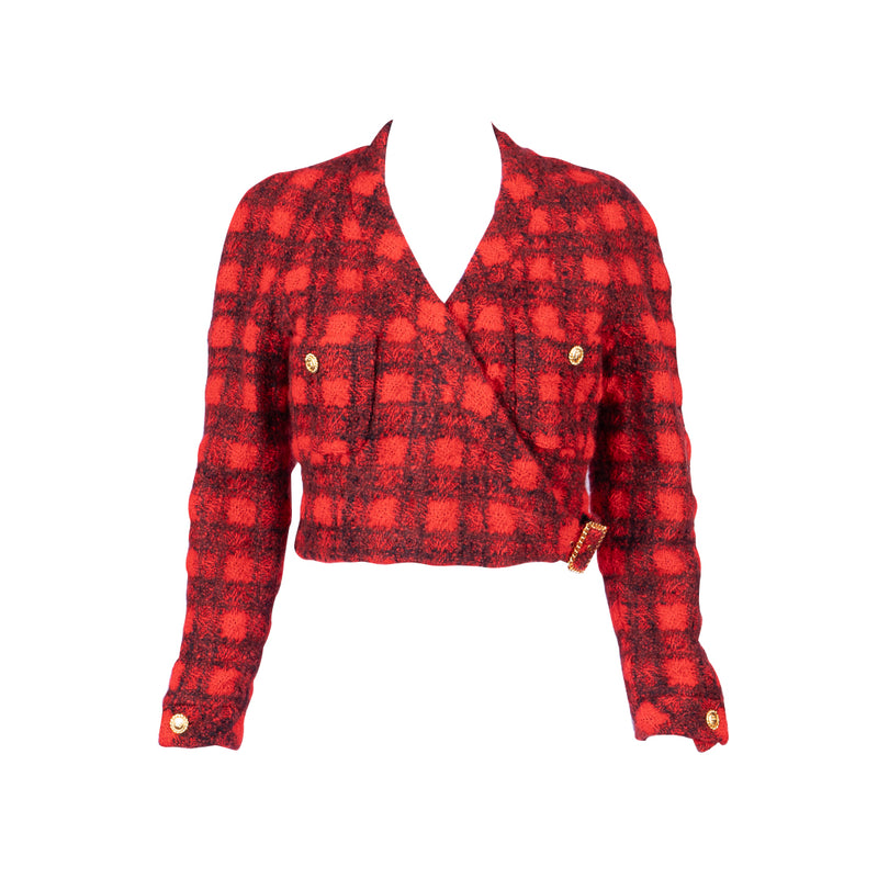 Vintage Black Red Plaid Cropped Wool Jacket