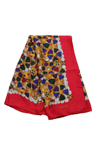 Chanel Jewelry Pattern Silk Gold Red Scarf