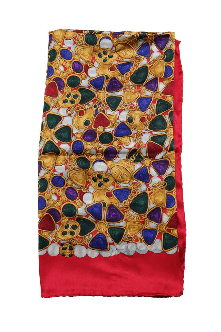 Chanel Jewelry Pattern Silk Gold Red Scarf
