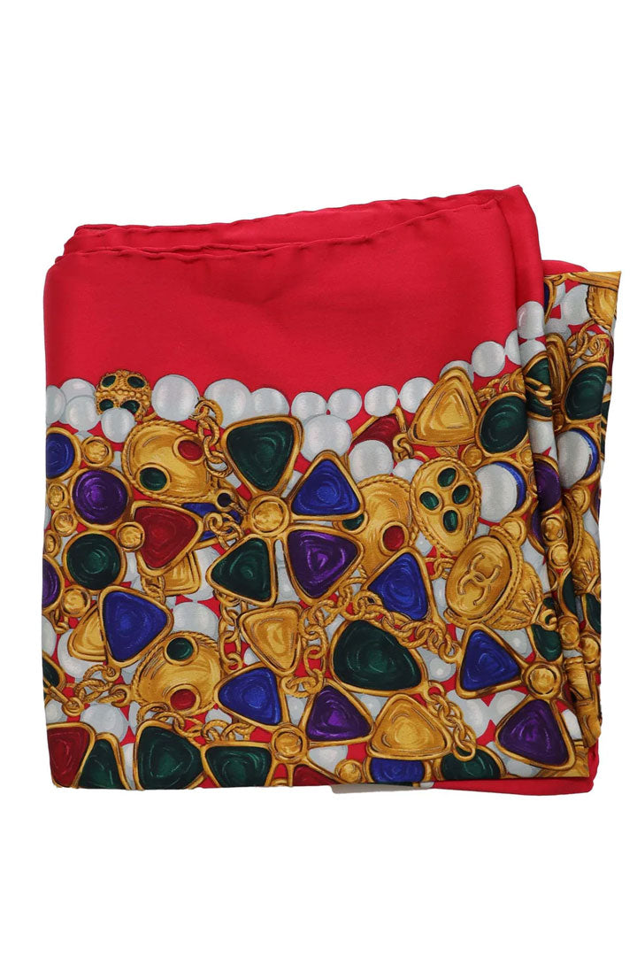 Chanel Jewelry Pattern Silk Gold Red Scarf