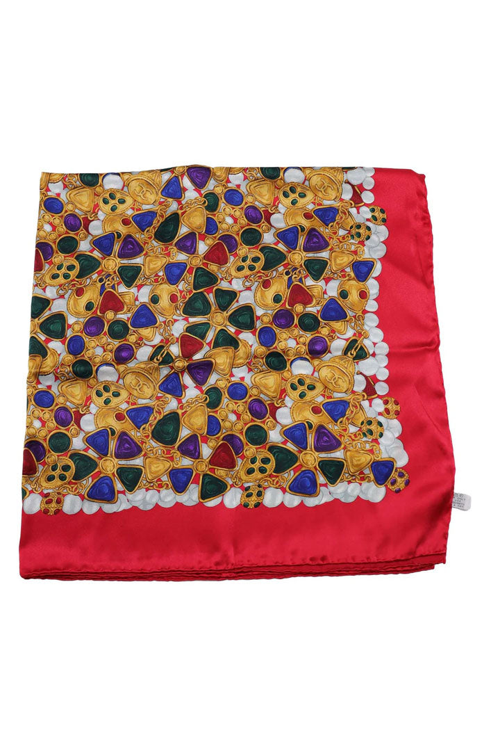 Chanel Jewelry Pattern Silk Gold Red Scarf