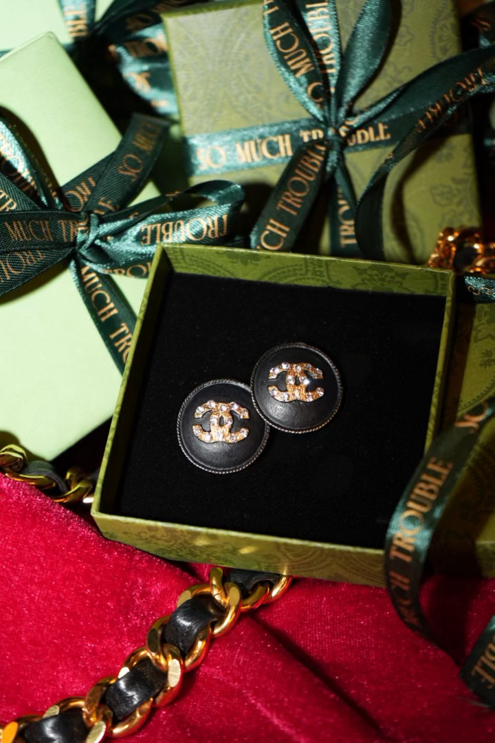 Chanel Earrings Clip Black Gold