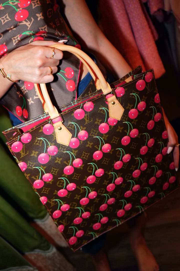 Cerise Cherry Sac Plat Brown Monogram Canvas Tote Takashi Murakami