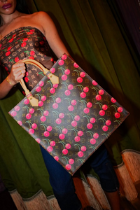 Cerise Cherry Sac Plat Brown Monogram Canvas Tote Takashi Murakami