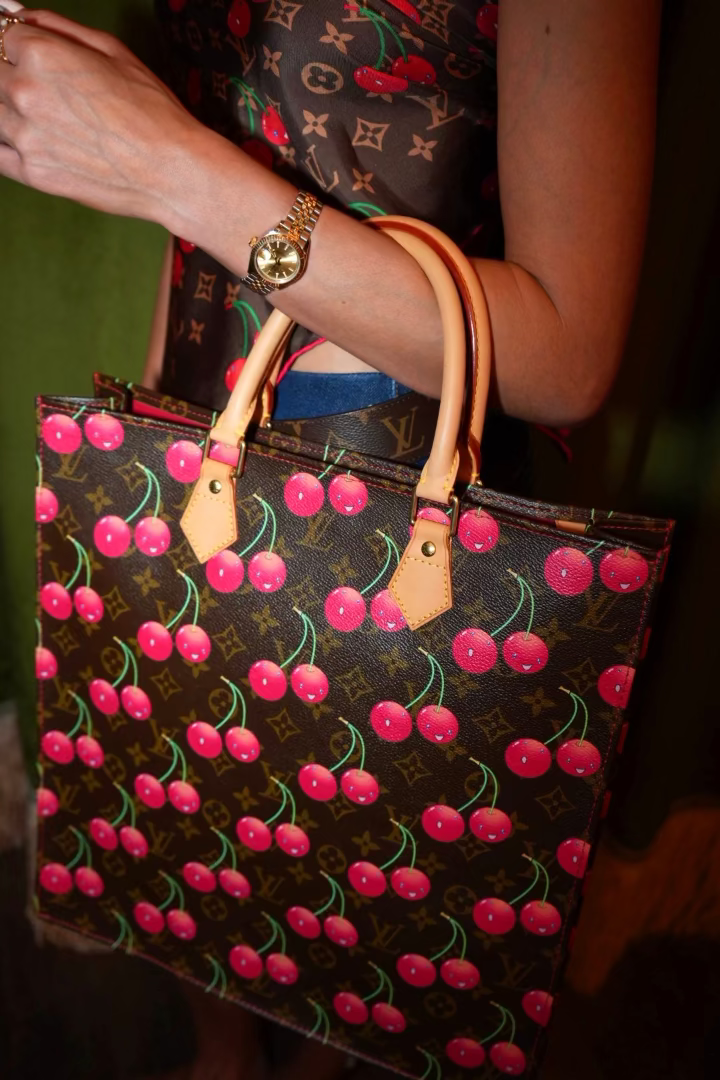 Cerise Cherry Sac Plat Brown Monogram Canvas Tote Takashi Murakami