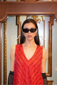 Red Sleeveless V-neck Dress With Pearls And Sequins