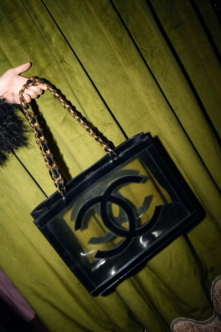 Chanel Chain Tote Bag Vinyl Enamel Black Clear