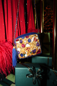 Silk Gripoix Jewel Print Blue Leather Tassel Chain Bag