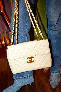 Vintage Chanel Jumbo Matelasse Quilted Lambskin Shoulder Bag - Ivory