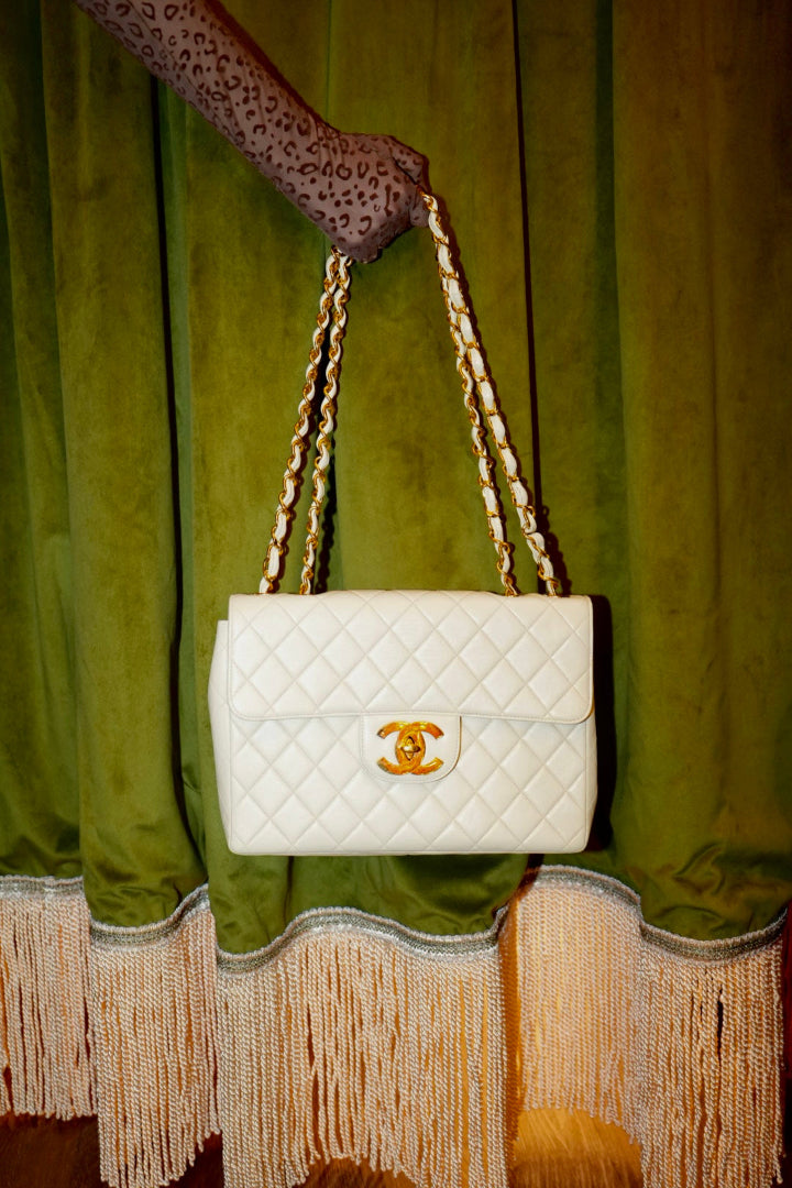 Vintage Chanel Jumbo Matelasse Quilted Lambskin Shoulder Bag - Ivory
