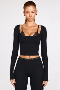 Margaux Ribbed Modal Long-Sleeve Laced Bra Top in Black