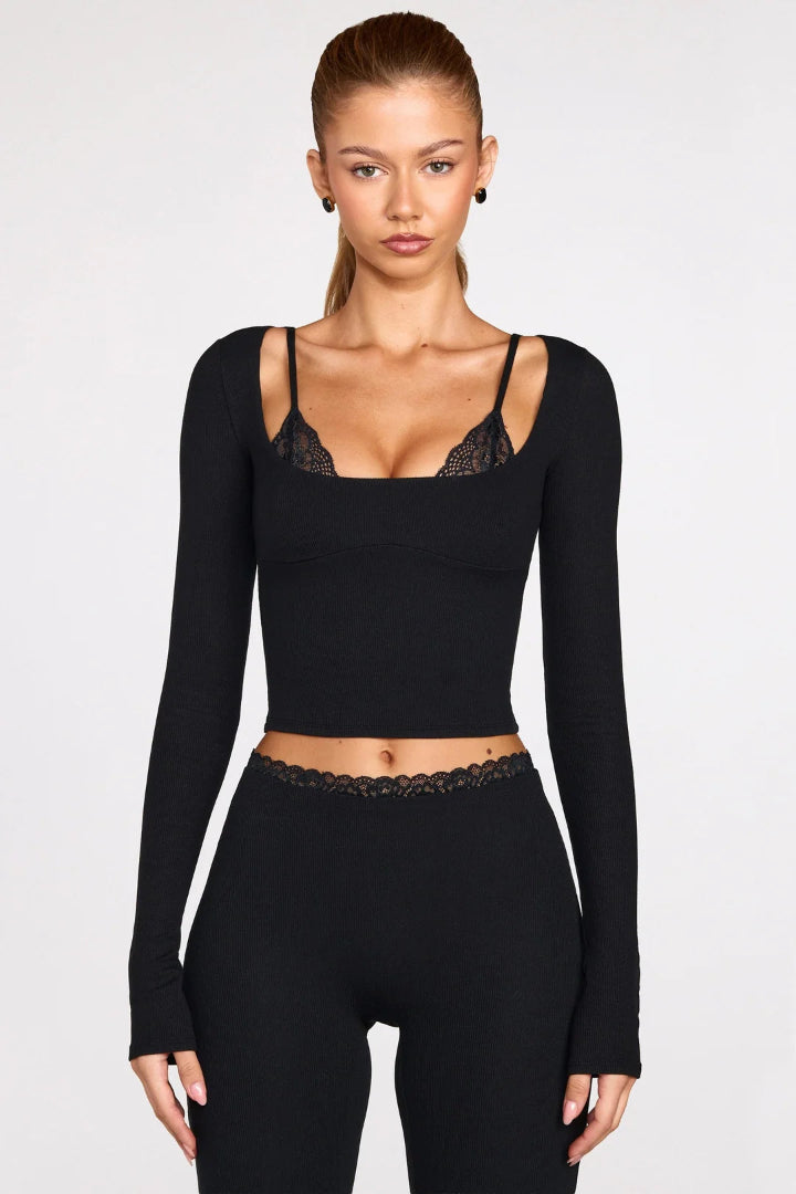Margaux Ribbed Modal Long-Sleeve Laced Bra Top in Black