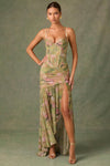 Haruna Ruched Asymmetric Corset Gown in Floral Multi Print