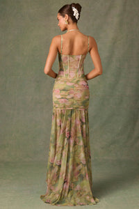 Haruna Ruched Asymmetric Corset Gown in Floral Multi Print