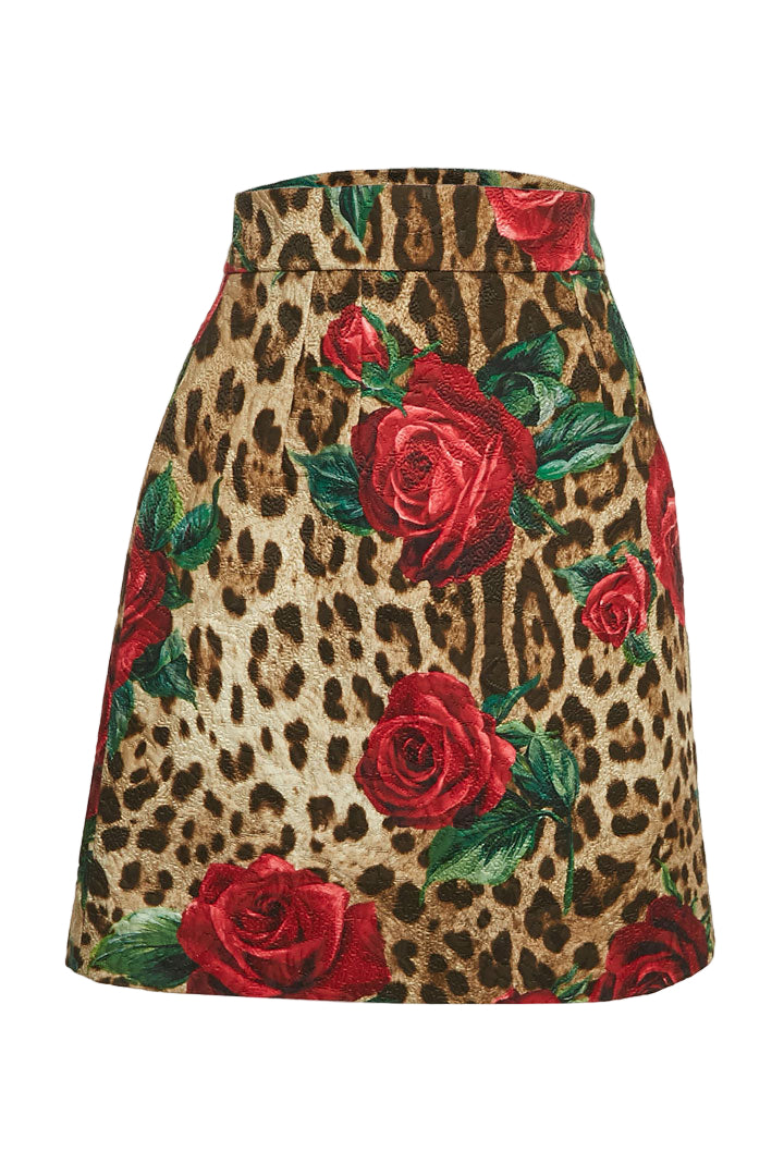 (NEW) Leopard and Rose Print Jacquard Mini Skirt